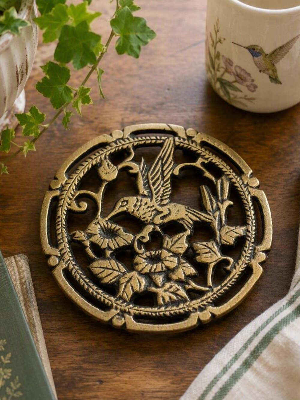 Vintage Round Brass Hummingbird Trivet 4.75"